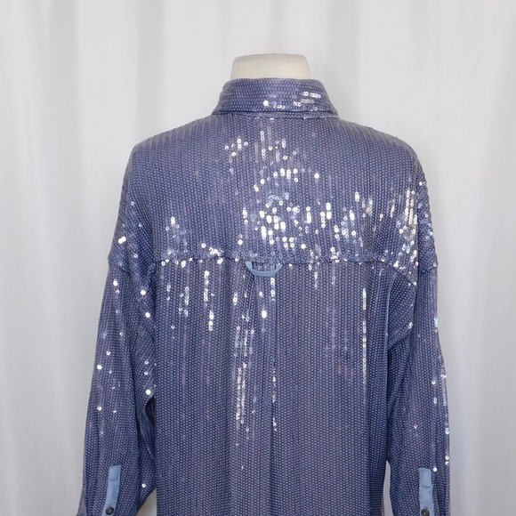 Anthropologie PILCRO Long-Sleeve Oversized Sequin Buttondown Blue Button Up XS - Picture 11 of 16